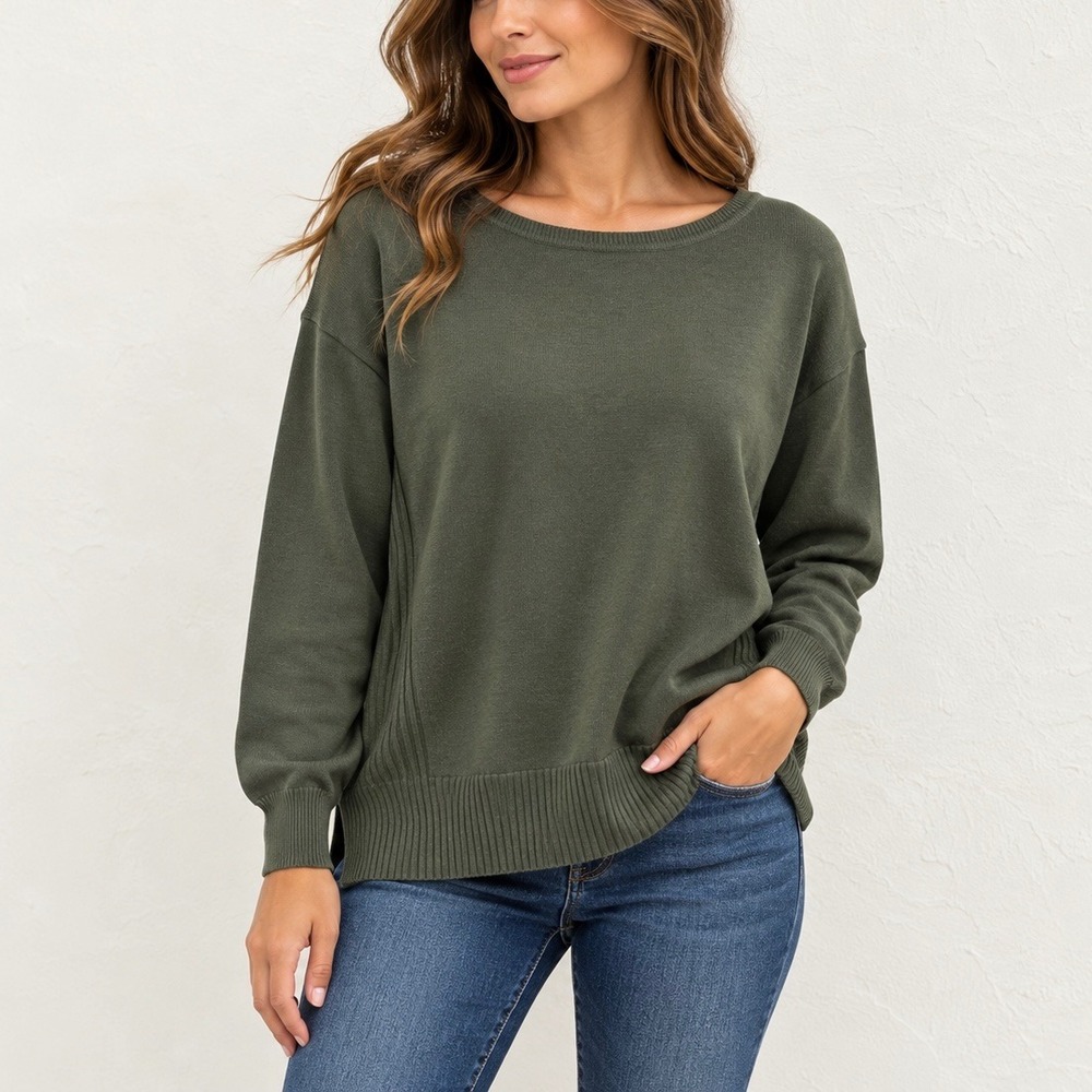 Cable & Gauge Olive Green Knit Sweater Women Medium Ribbed Side Pullover
